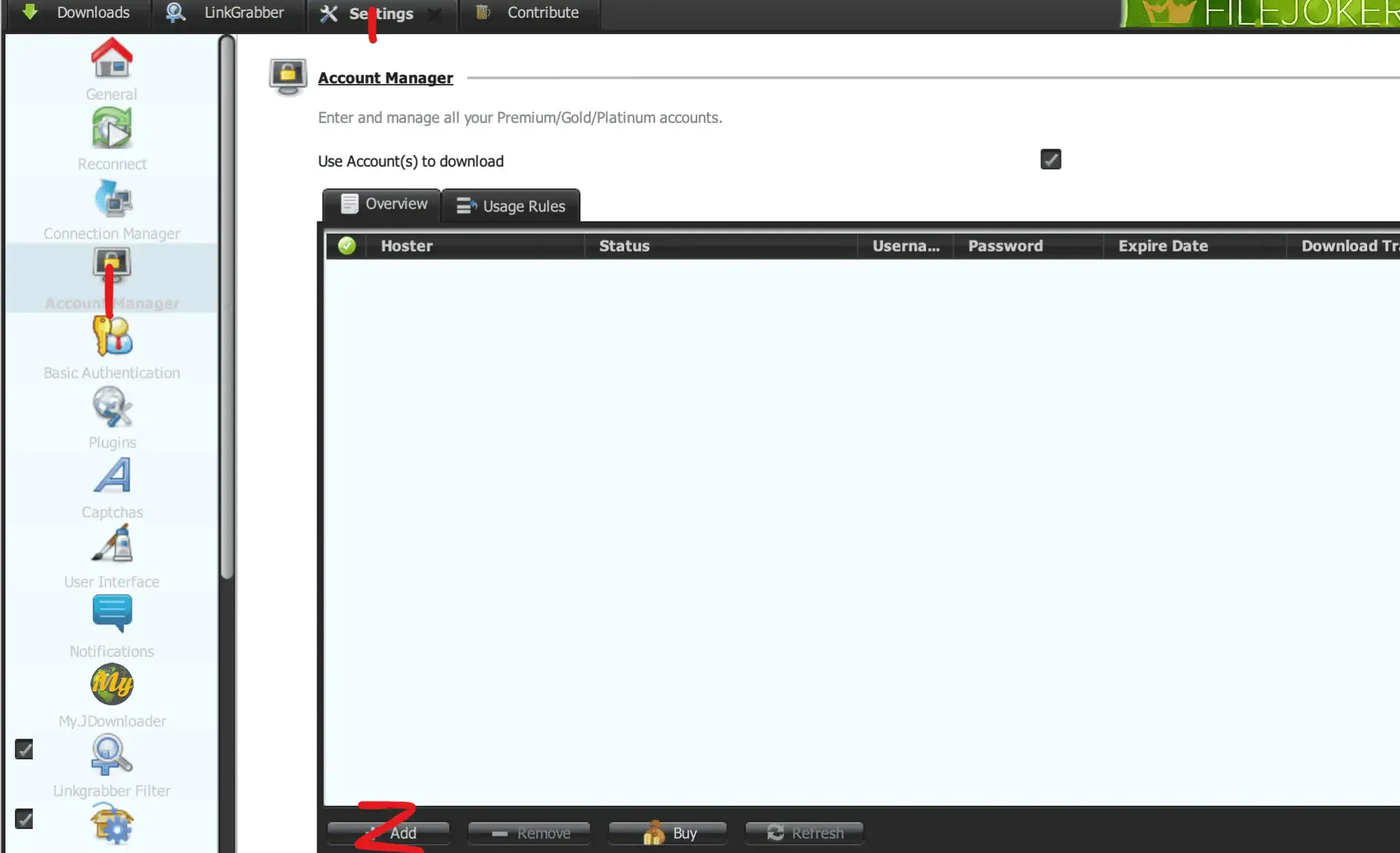 Open JDownloader 2 Settings and navigate to Account Manager to add Uploady