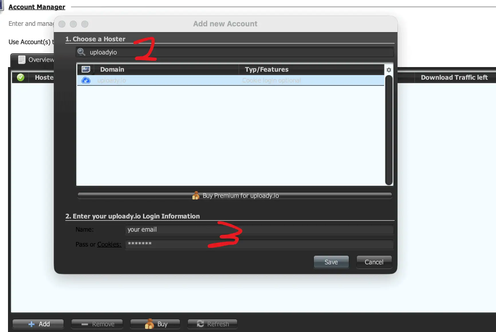 Select Uploady.io hoster and enter account email and password in JDownloader 2