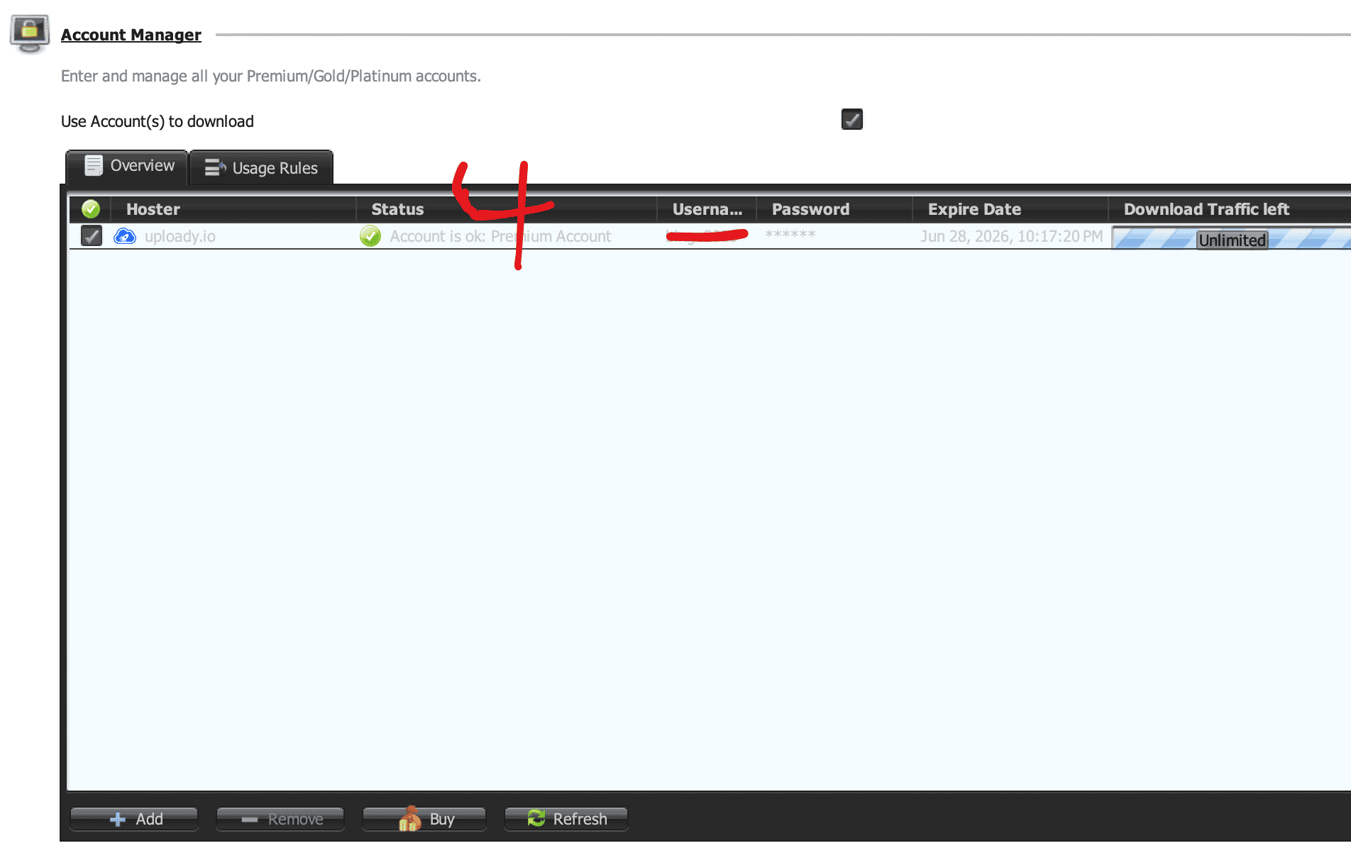 Uploady.io status verified as Premium Account OK in JDownloader 2