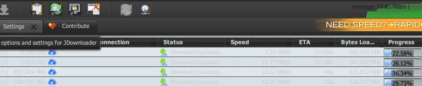 Uploady Premium JDownloader speed test showing 42.14 MiB/s combined